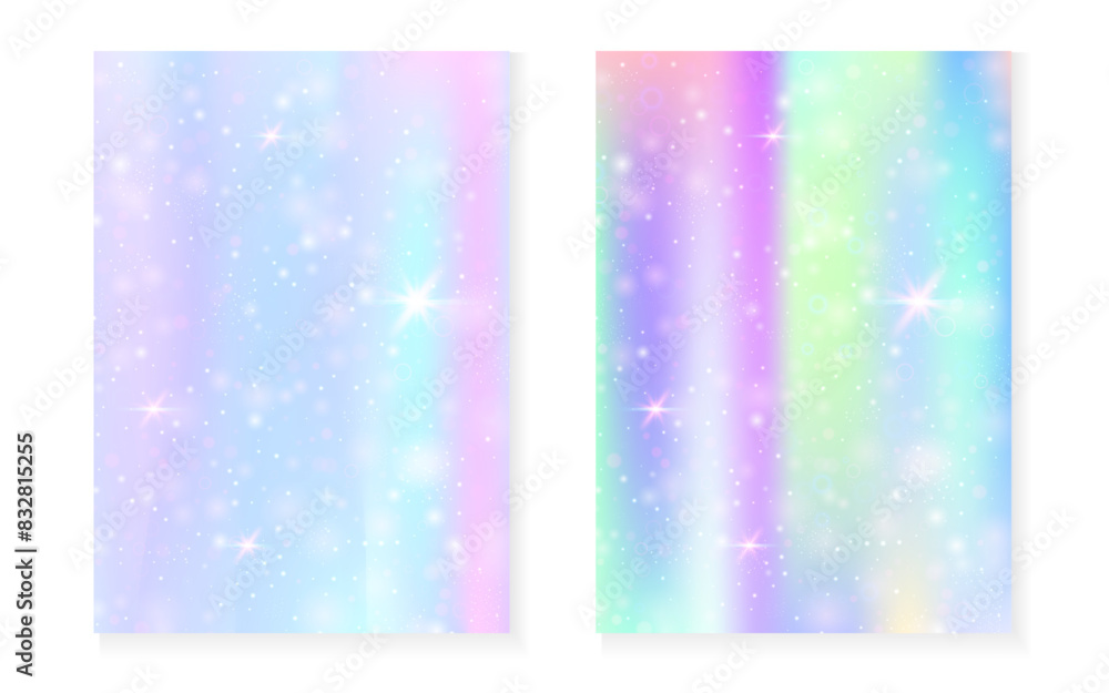 Magic background with princess rainbow gradient. Kawaii unicorn hologram. Holographic fairy set. Multicolor fantasy cover. Magic background with sparkles and stars for cute girl party invitation. Magic background with princess rainbow gradient. Kawaii unicorn hologram. Holographic fairy set. Multicolor fantasy cover. Magic background with sparkles and stars for cute girl party invitation.