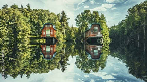   Houses perched atop lake, surrounded by verdant forest trees