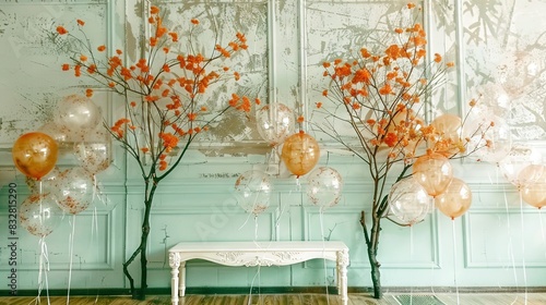   A cluster of balloons dangling from the wall beside a table and bench with a tree as a backdrop