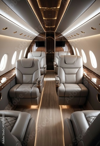 The interior of a private jet with luxurious design and furnishings 