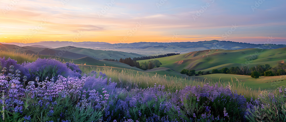 Obraz premium a serene landscape during either sunrise or sunset. The vibrant colors in the sky create a captivating scene. In the foreground, there are purple wildflowers and lush greenery
