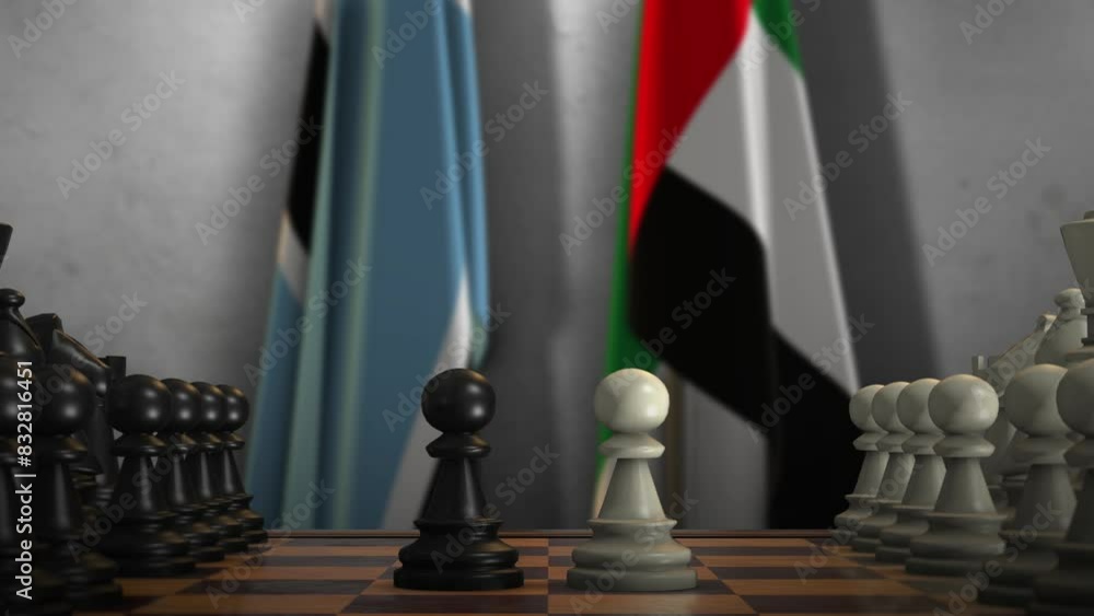 Botswana and UAE National Flags with Chess Board Animation. Politics of Government or Conflict Botswana and UAE National Flags with Chess Board Animation. Politics of Government or Conflict