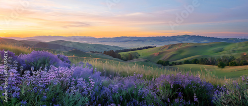a serene landscape during either sunrise or sunset. The vibrant colors in the sky create a captivating scene. In the foreground  there are purple wildflowers and lush greenery