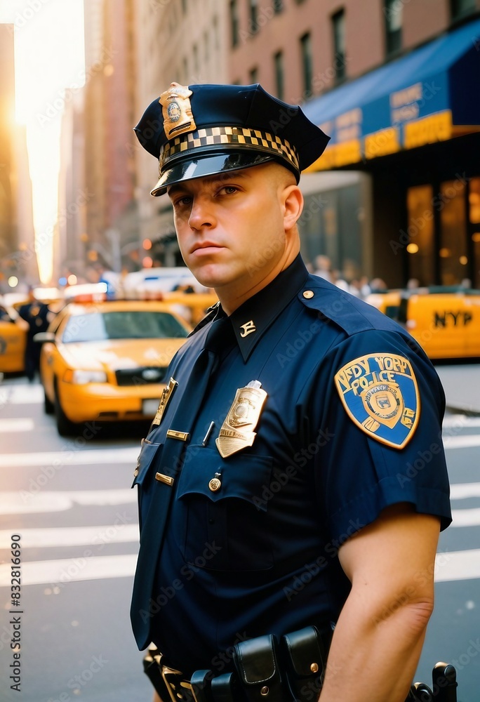 Obraz premium Portrait of a smile NYPD police officer in New York. NYPD is the largest police force in the United States.