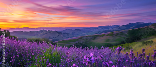 a serene landscape during either sunrise or sunset. The vibrant colors in the sky create a captivating scene. In the foreground  there are purple wildflowers and lush greenery