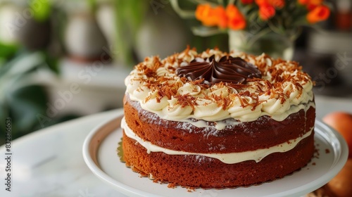 Carrot cake with chocolate icing. Brazilian cake in white table and yellew background