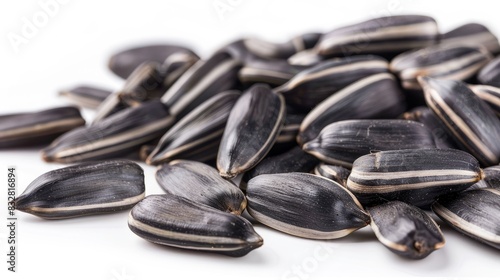 Close-up of delicious sunflower black seeds, isolated on white background photo