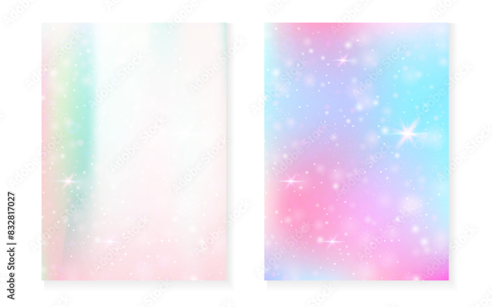 Princess background with kawaii rainbow gradient. Magic unicorn hologram. Holographic fairy set. Vibrant fantasy cover. Princess background with sparkles and stars for cute girl party invitation. Princess background with kawaii rainbow gradient. Magic unicorn hologram. Holographic fairy set. Vibrant fantasy cover. Princess background with sparkles and stars for cute girl party invitation.