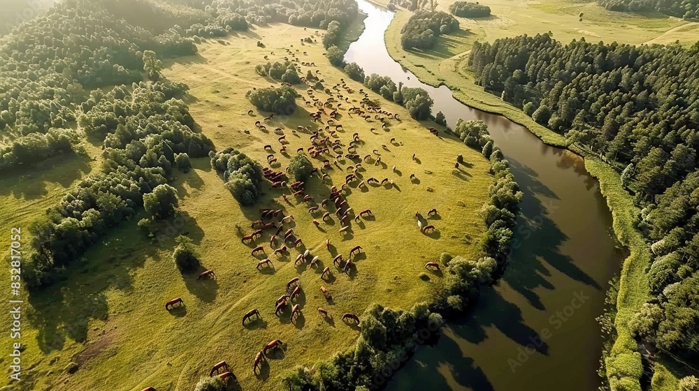  An aerial photo shows cows grazing near a river in a wooded region