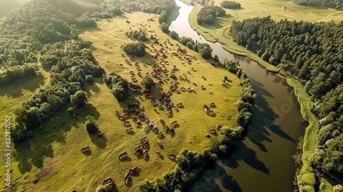  An aerial photo shows cows grazing near a river in a wooded region