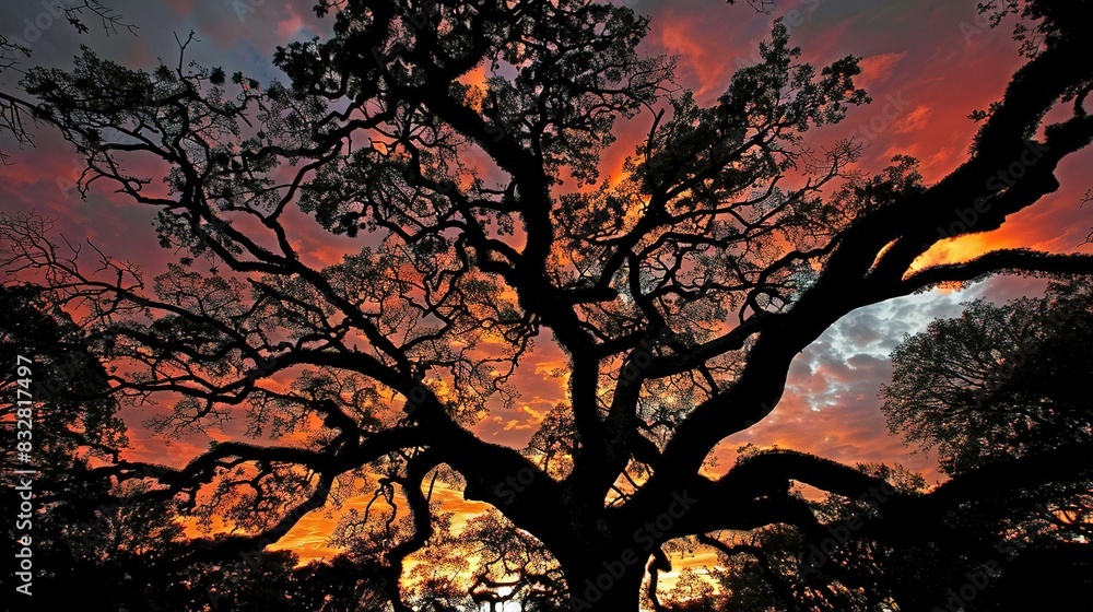 A tree stands out against an orange and blue backdrop with sunlight filtering through its branches A tree stands out against an orange and blue backdrop with sunlight filtering through its branches