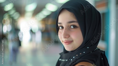 Portrait of young student girl attending school, hijab