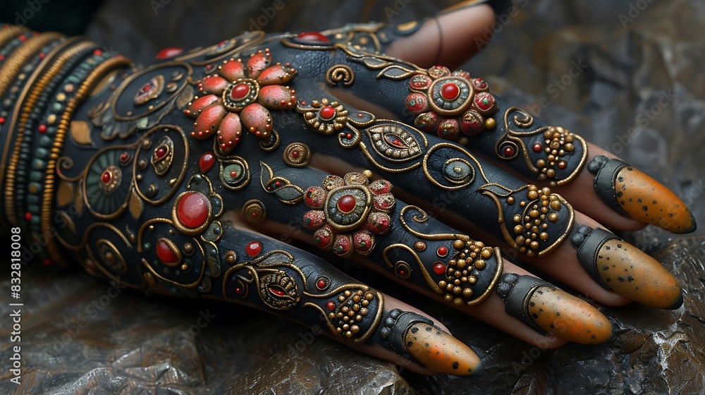 Mehndi design a hand with ornate finger details Mehndi design a hand with ornate finger details