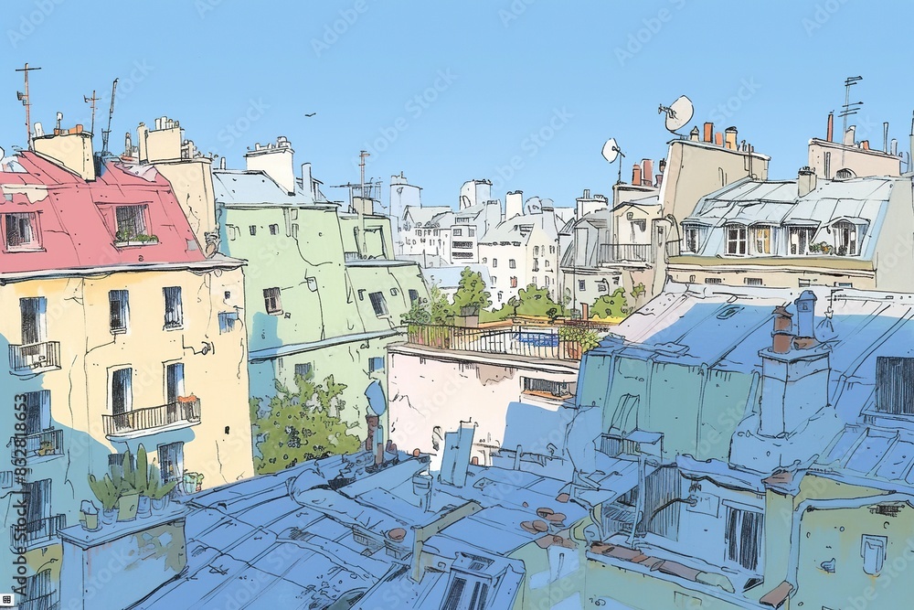 Fototapeta premium Colorful Cityscape Illustration with Rooftop View