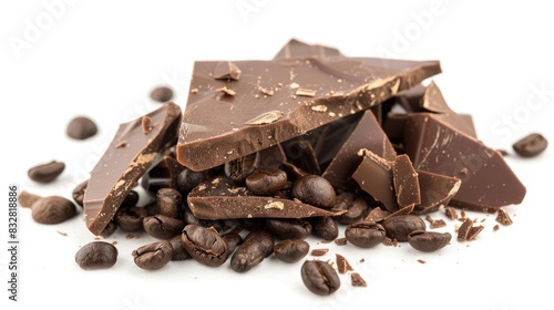 Chocolate pieces and roasted coffee beans, isolated on white background