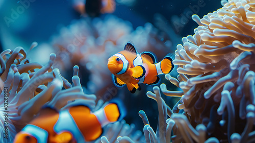a group of orange and white clownfish among sea anemones in a blue underwater setting. photo