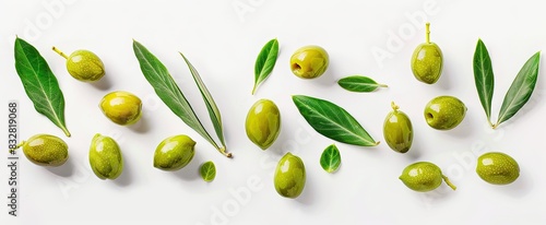 Collection of delicious green olives with leaves  isolated on white background