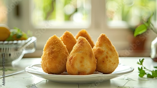 Coxinha of chicken, Traditional brazilian snack. in white table and yellew background photo