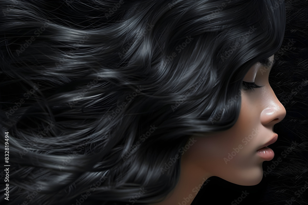 Radiant black hair highlighted with hair care products designed specifically for women, highlighting its elegance and shine. Radiant black hair highlighted with hair care products designed specifically for women, highlighting its elegance and shine.