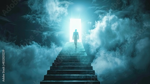 men rising stairs to reach a light magic door