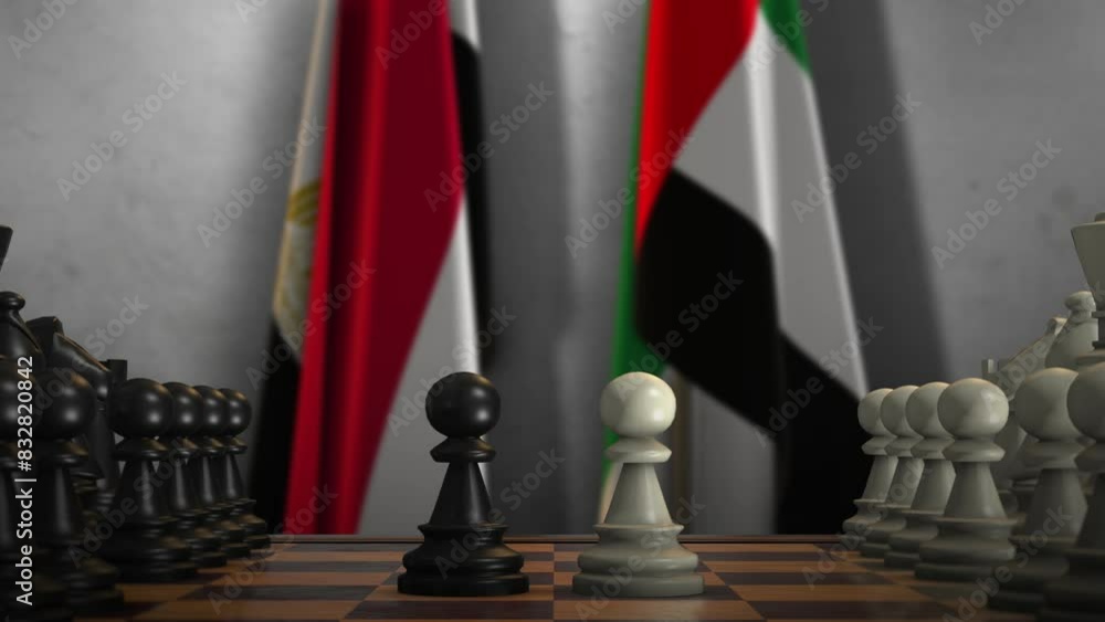 Egypt and UAE National Flags with Chess Board Animation. Politics of Government or Conflict Egypt and UAE National Flags with Chess Board Animation. Politics of Government or Conflict