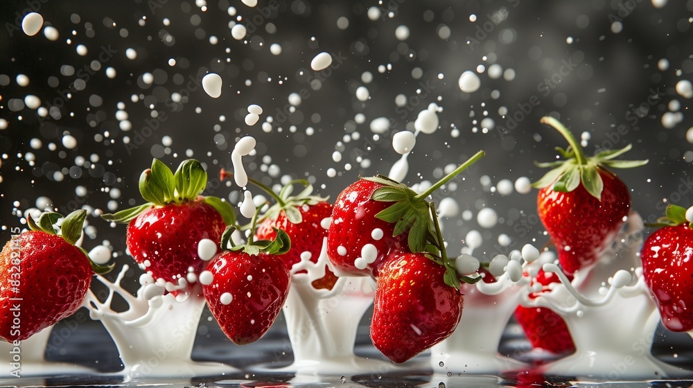 Strawberries splashing into milk concept Strawberries splashing into milk concept