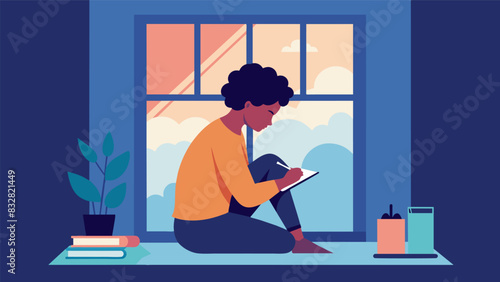 The daily ritual of journaling by the window acts as a grounding force for the writer offering a sense of stability and clarity to start the day off. Vector illustration