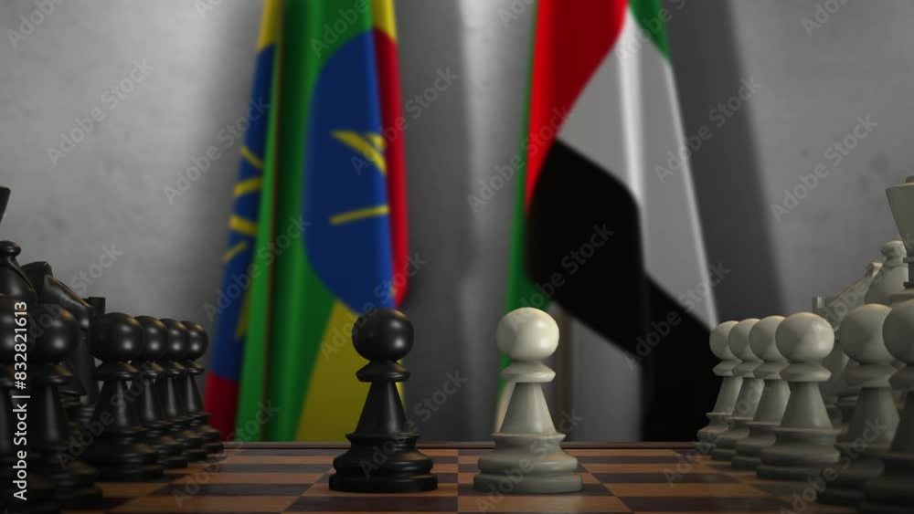 Ethiopia and UAE National Flags with Chess Board Animation. Politics of Government or Conflict Ethiopia and UAE National Flags with Chess Board Animation. Politics of Government or Conflict