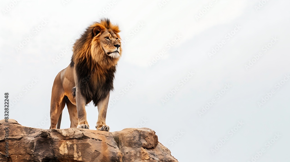 Obraz premium A majestic lion stands on a rock, surveying the savanna.