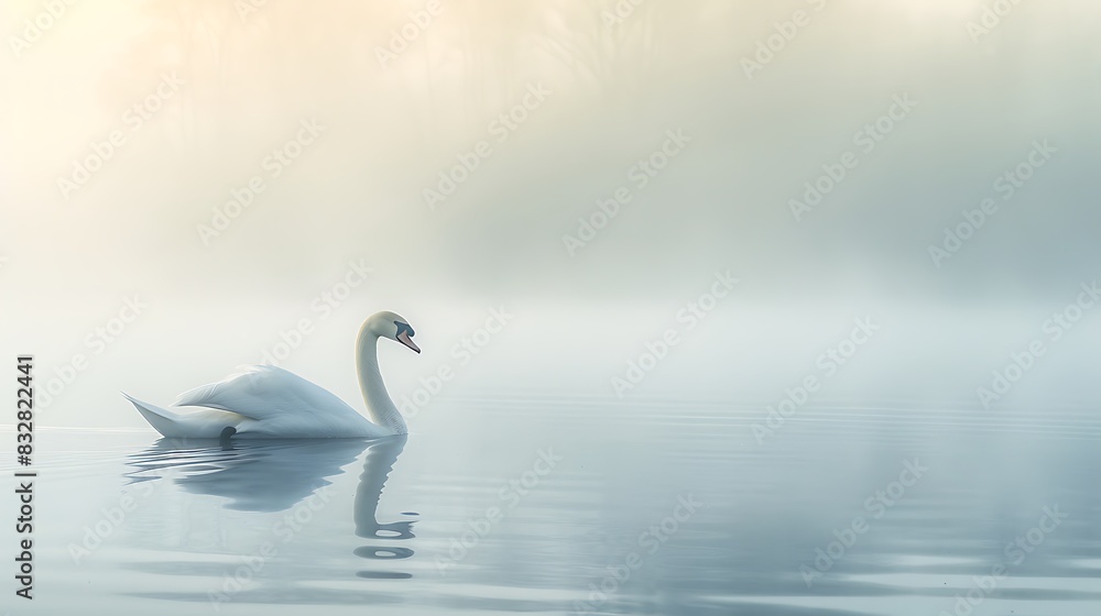 Naklejka premium A serene swan glides gracefully through the still waters of a lake, its feathers glistening in the soft light of dawn.