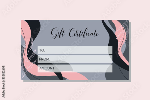 Gift certificate template in abstract style. Certificate template for salon, spa, gallery, store in black and pink colors.