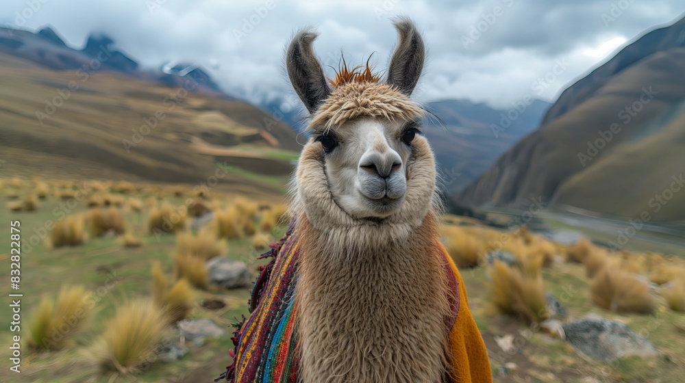 Obraz premium Llama wearing traditional clothes in the mountains.
