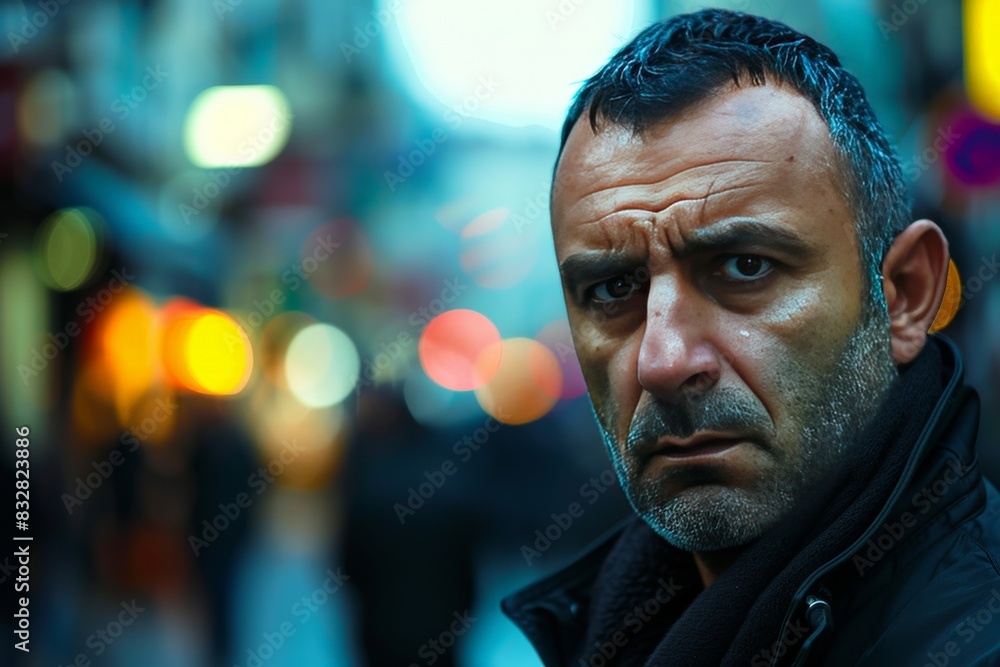 A man exhibits a stern expression with a blurred city background, conveying urban seriousness A man exhibits a stern expression with a blurred city background, conveying urban seriousness