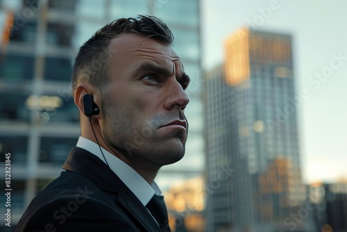 A businessman is depicted from the side with an earpiece, in a modern urban context with skyscrapers in the blurred background