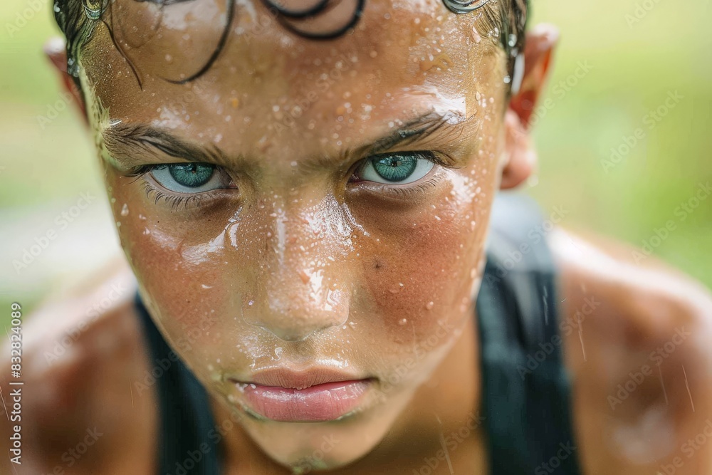 Portrait of a pensive young swimmer with deep blue eyes, beaded with fresh water on his face and focused stare Portrait of a pensive young swimmer with deep blue eyes, beaded with fresh water on his face and focused stare