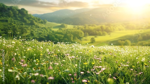 The image is a beautiful landscape of a valley with a meadow in the foreground