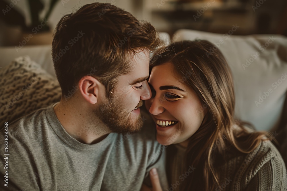 A happy couple in a close-up shows affection and enjoyment while sharing laughter A happy couple in a close-up shows affection and enjoyment while sharing laughter