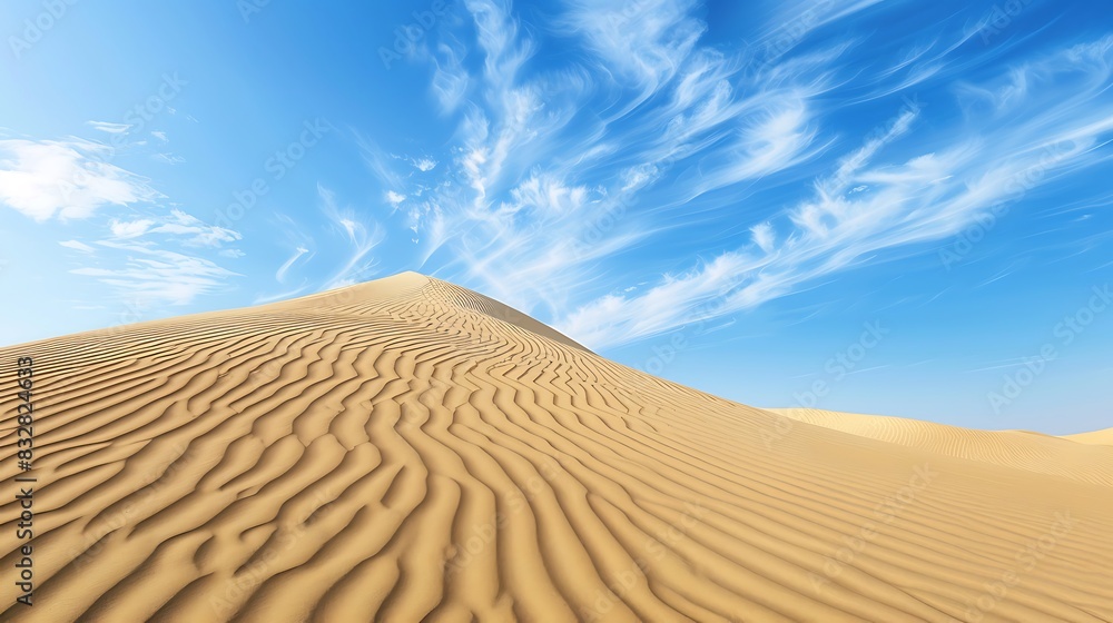 Naklejka premium The image shows a vast expanse of sand dunes under a clear blue sky. The dunes are rippled with footprints.