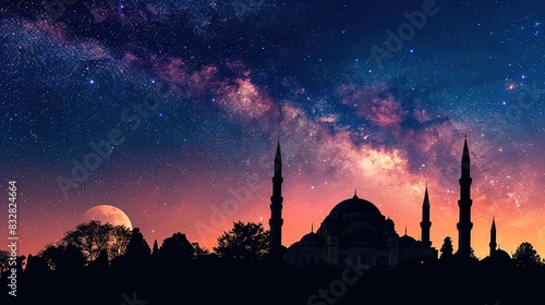 Silhouette of Suleymaniye Mosque with crescent moon and milkyway. Ramadan or islamic or laylat al-qadr or kadir gecesi concept photo. Noise effect included photo