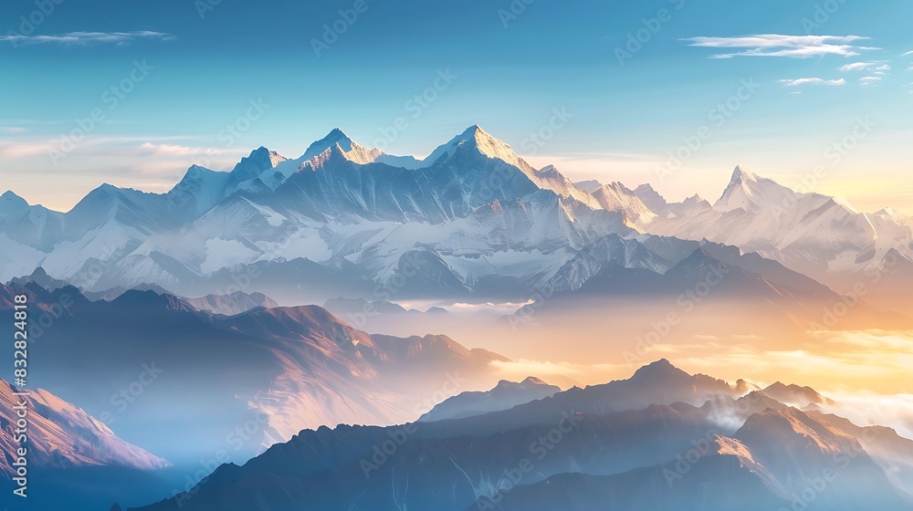 The majestic beauty of snow-capped mountains at sunrise, with soft clouds and a hint of mist in the valleys. The majestic beauty of snow-capped mountains at sunrise, with soft clouds and a hint of mist in the valleys.