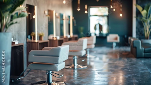 Stylish hair salon interior with chic decor and plush seating, copy space photo