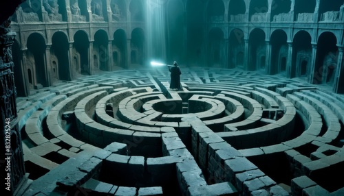 An enigmatic figure stands at the center of an ancient, intricate labyrinth, bathed in a celestial light that pierces the historical architecture.. AI Generation
