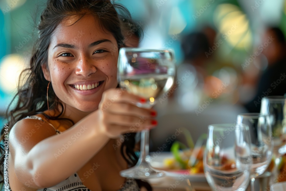 Cheerful young woman raising a wine glass in a social event with bokeh background