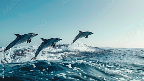 Three dolphins jumping out of the water in the ocean. photo