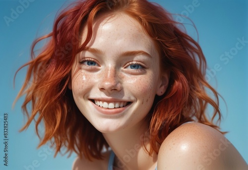 portrait of a happy and attractive girl with freckles and natural red hair summer vibe, isolated white background, hyper realistic high detailed, copy space for text

 photo