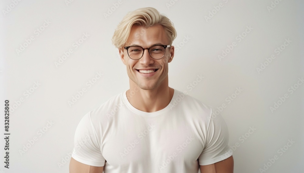 portrait of blond and muscled handsome man in white t-shirt and glasses, looking at camera with sincere smile, isolated white background
portrait of blond and muscled handsome man in white t-shirt and glasses, looking at camera with sincere smile, isolated white background