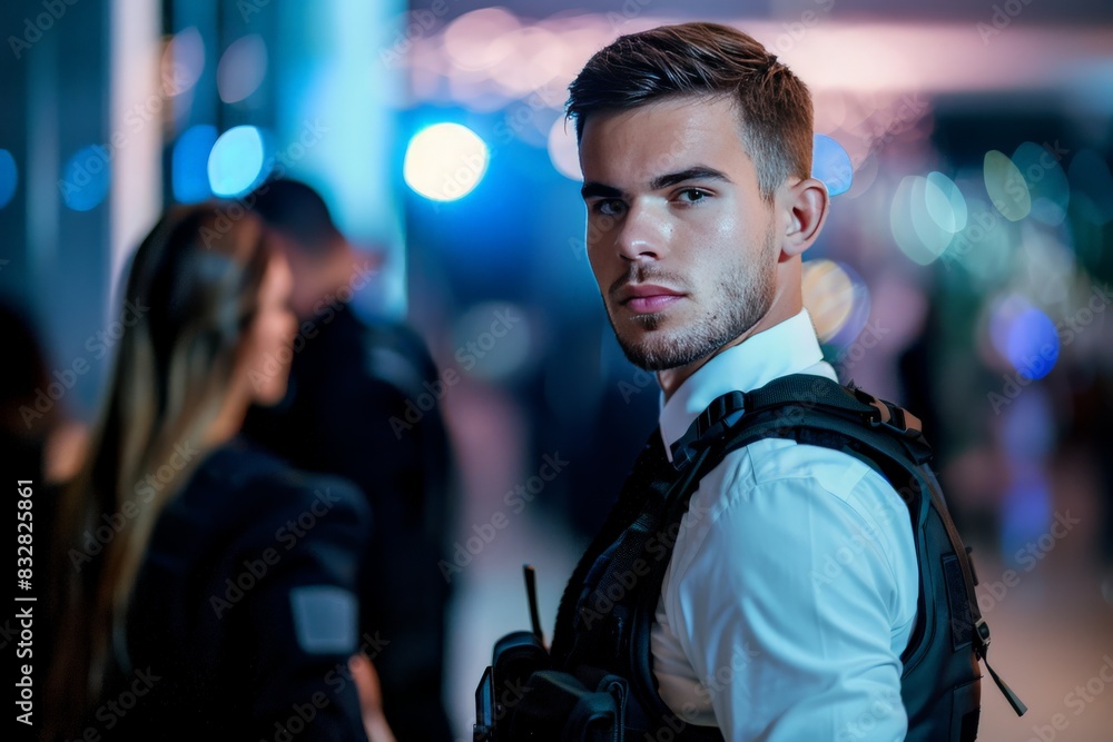 Attractive male security guard with radio set in a bustling event environment, looking confident Attractive male security guard with radio set in a bustling event environment, looking confident