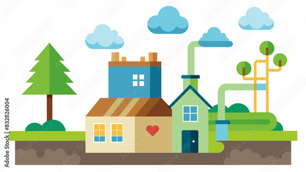 While traditional HVAC systems release pollutants into the air a geothermal heat pump installation boasts lower emissions ensuring a healthier. Vector illustration While traditional HVAC systems release pollutants into the air a geothermal heat pump installation boasts lower emissions ensuring a healthier. Vector illustration