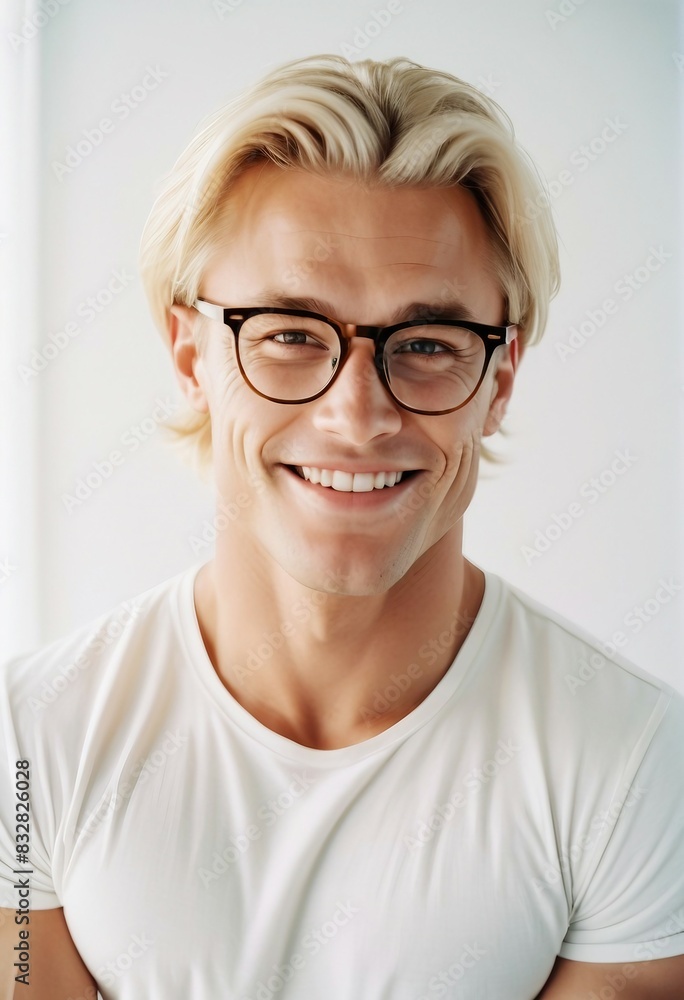 portrait of blond and muscled handsome man in white t-shirt and glasses, looking at camera with sincere smile, isolated white background
portrait of blond and muscled handsome man in white t-shirt and glasses, looking at camera with sincere smile, isolated white background