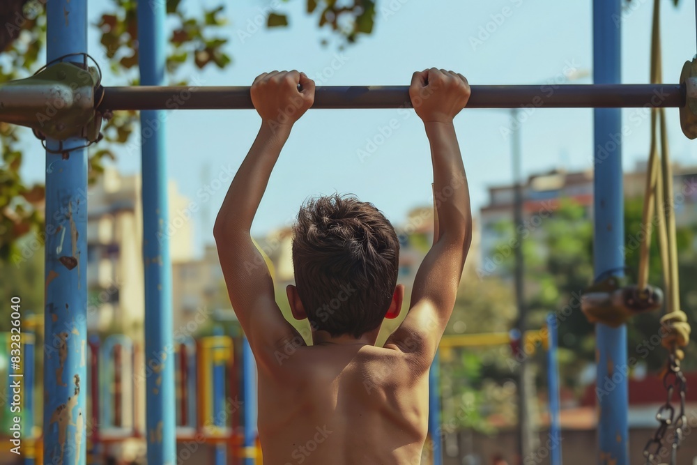 Obraz premium A young boy's back is displayed as he holds onto the monkey bars with strength and focus in an outdoor park setting